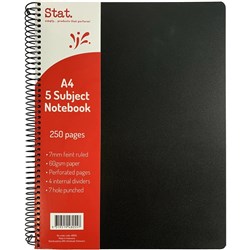 STAT NOTEBOOK A4 7MM RULED 60Gsm Black 5 Subject Pp Cover 250 Pages