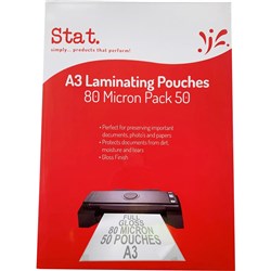 STAT LAMINATING POUCH A3 80 Micron Clear Pack of 50