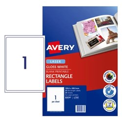 AVERY GLOSS LABELS 199.6 x 289.1MM FOR COLOUR LASERS L7767 1/A4/25 959767