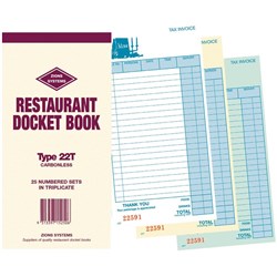 ZIONS RESTAURANT DOCKET BOOKS 22T TRIPLICATE