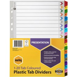 DIVIDERS A4 20 REINF TAB PP ASST SET