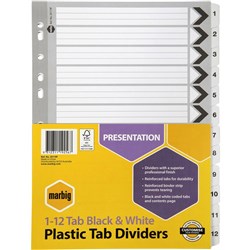 A4 BLACK & WHITE 1-12 TAB DIVIDERS SET