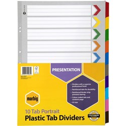 MARBIG COULOURED DIVIDERS A3 1-10 TAB BOARD PORTRAIT ASST PK10