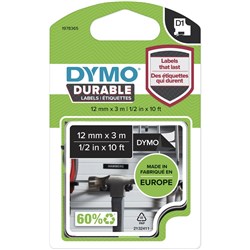 DYMO D1 DURABLE LABELLING TAPE Cassetes White on Black 12mmx3m