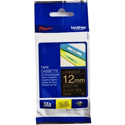 BROTHER TZE334 PTOUCH TAPE 12MMx8M Gold on Black Tape