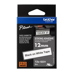 BROTHER TZES231 PTOUCH TAPE 12mm Blk On White Strong Adhes