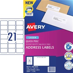 AVERY ADDRESS LASER LABELS L7160 21UP 63.5x38.1mm BX100