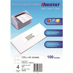 LABELS 105x148 UNISTAT 4/A4/100 CODE: 38930 LASER / INKJET