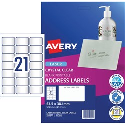 AVERY QUICK PEEL CLEAR LSR LABELS L7560 21 P/SHT 63.5 X 38.1MM