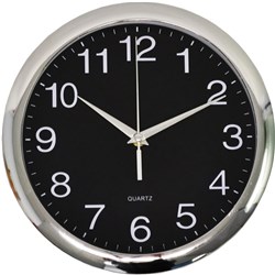 ITALPLAST WALL CLOCK 30cm Chrome Frame/Black Face